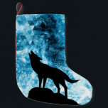 Calcetín Navideño Pequeño Howling Wolf Winter humo azul de nieve Resumen<br><div class="desc">Resumen de humo geométrico de invierno nevado azul y blanco con silueta de lobo negro.</div>