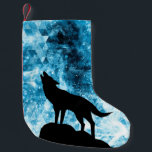Calcetín Navideño Pequeño Howling Wolf Winter humo azul de nieve Resumen<br><div class="desc">Resumen de humo geométrico de invierno nevado azul y blanco con silueta de lobo negro.</div>