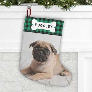 Calcetín Navideño Pequeño Hueso de perro de cuadros búfalo verde con nombre 