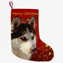 Calcetín Navideño Pequeño Husky Frohe Weihnachten Rot Gold Weihnachtsstrumpf