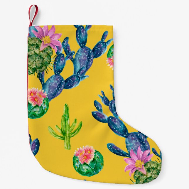 Calcetín Navideño Pequeño Ilustracion de acuarela con cactus y (Anverso)
