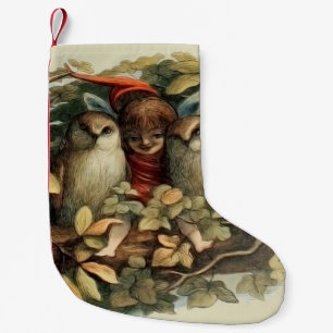 Calcetín Navideño Pequeño Ilustración de la naturaleza de hadas y búhos elfo
