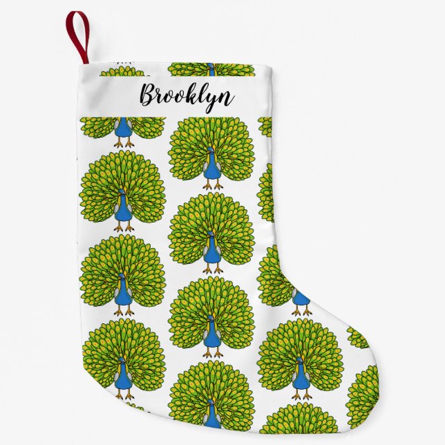 Calcetín Navideño Pequeño Ilustracion de pájaro pavo real (Anverso)