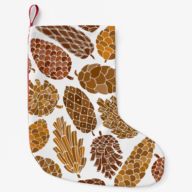 Calcetín Navideño Pequeño Ilustracion de patrón de conos de pino. (Anverso)