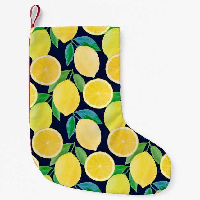 Calcetín Navideño Pequeño Ilustracion de patrón de cosecha de limón de acuar (Anverso)