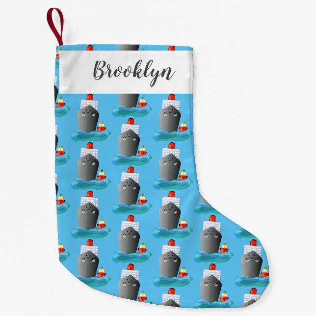 Calcetín Navideño Pequeño Ilustracion de personalizado de remolcador de barc (Anverso)