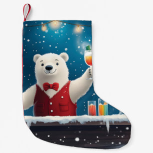 Calcetín Navideño Pequeño Ilustración divertida de un oso polar bartender fe