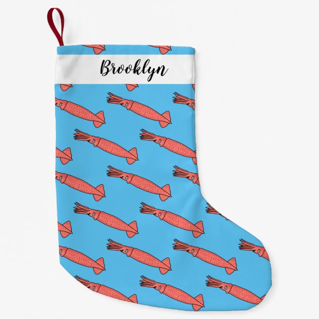 Calcetín Navideño Pequeño Ilustracion personalizado de calamar rosa feliz (Anverso)