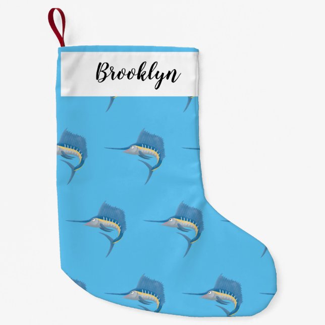 Calcetín Navideño Pequeño Ilustracion personalizado divertido de pez espada (Anverso)