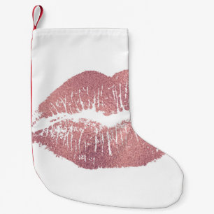 Calcetín Navideño Pequeño Impresión de labios rosados vintage, oro rosa.