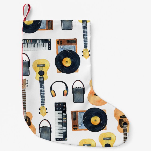 Calcetín Navideño Pequeño Instrumentos musicales: acuarela sin foco (Anverso)