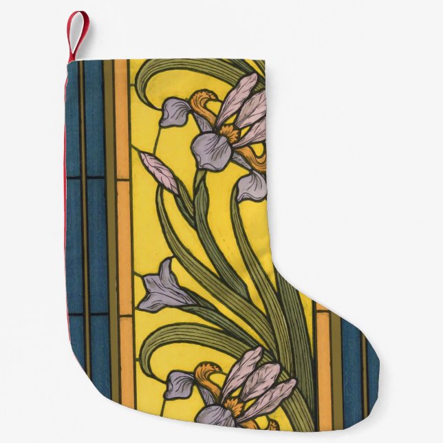 Calcetín Navideño Pequeño Iris Flor Art Nouveau Vidrio Manchado Oro Azul (Anverso)