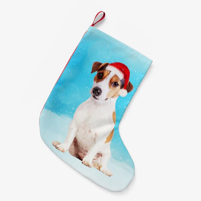 Calcetín Navideño Pequeño jack russell Perro sentado en la nieve con Santa H (Frente (Colgado))