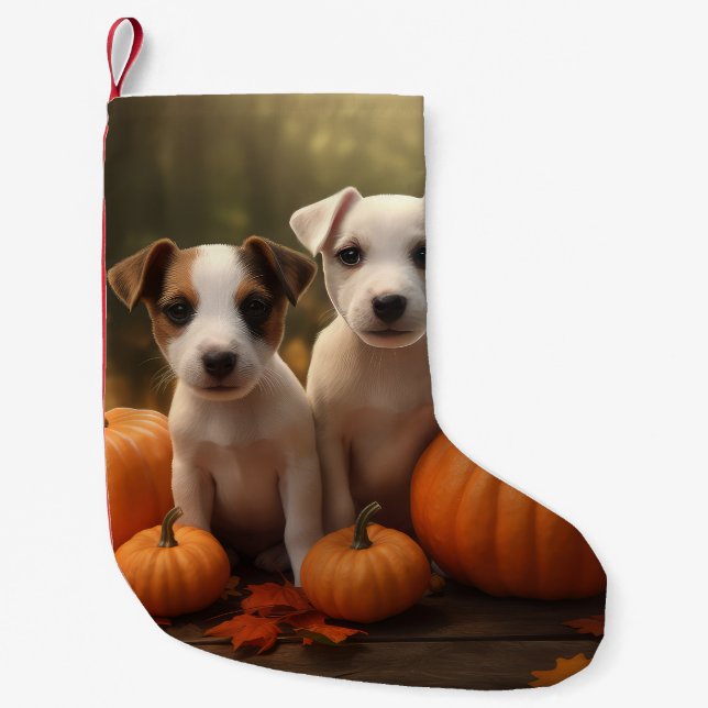Calcetín Navideño Pequeño Jack Russell Puppy Autumn Delight Pumpkin (Anverso)