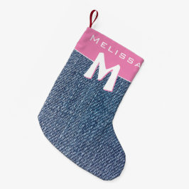Calcetín Navideño Pequeño Jeans de Denim Azul Rosa Moderno Monograma Nombre 