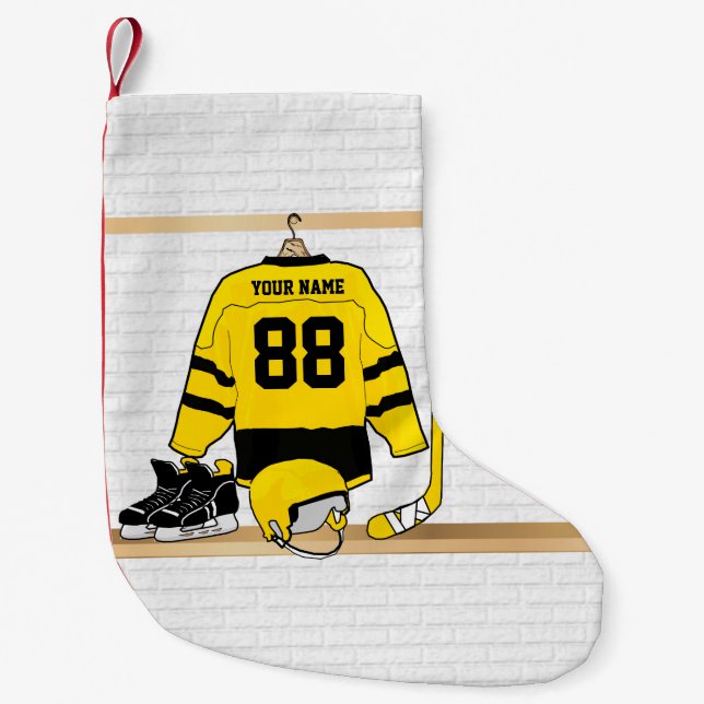 Calcetín Navideño Pequeño Jersey amarillo y negro personalizado del hockey (Anverso)