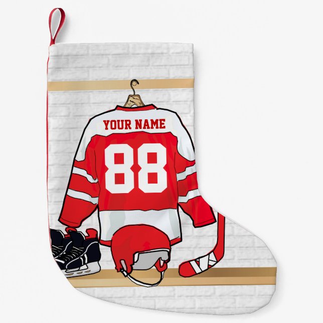 Calcetín Navideño Pequeño Jersey rojo y blanco personalizado del hockey (Anverso)