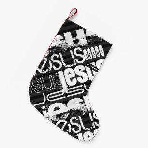 Calcetín Navideño Pequeño Jesús; franjas grises negras y oscuras