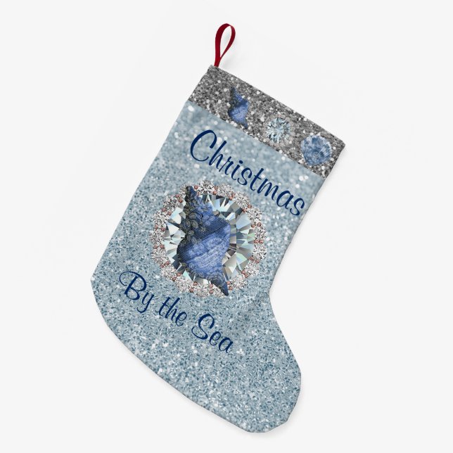 Calcetín Navideño Pequeño Jewel azul marino Aquamarine Silver Faux Glitter (Frente (Colgado))