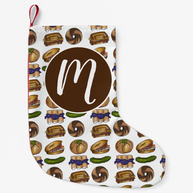 Calcetín Navideño Pequeño Jewish Deli Foods Pickle Knish Blintz Bagel Lox (Anverso)