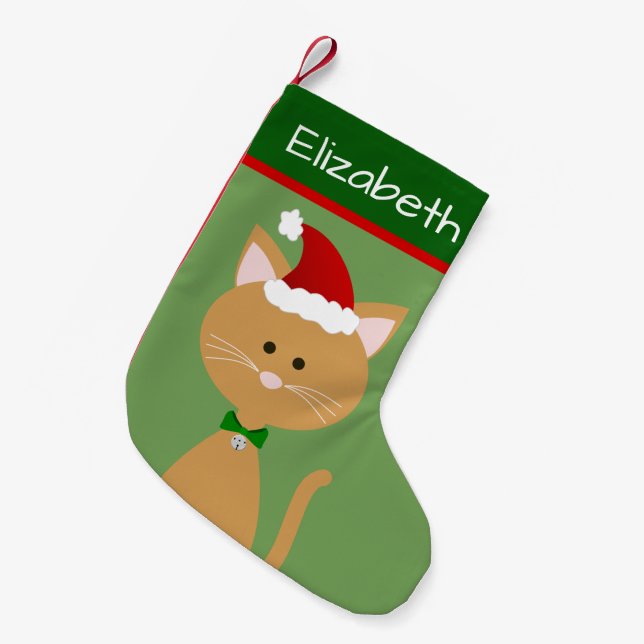 Calcetín Navideño Pequeño Jingle Bell Santa Naranja Kitty (Frente (Colgado))