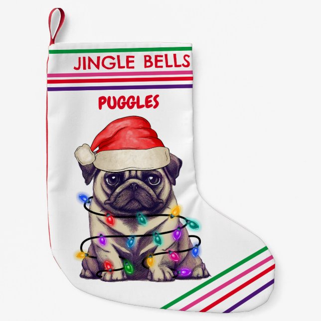 Calcetín Navideño Pequeño JINGLE BELLS Navidades PUG se levantan con su nomb (Anverso)
