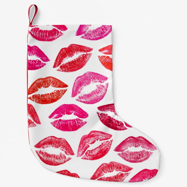 Calcetín Navideño Pequeño Juego de labios rojos, fondo blanco. (Anverso)