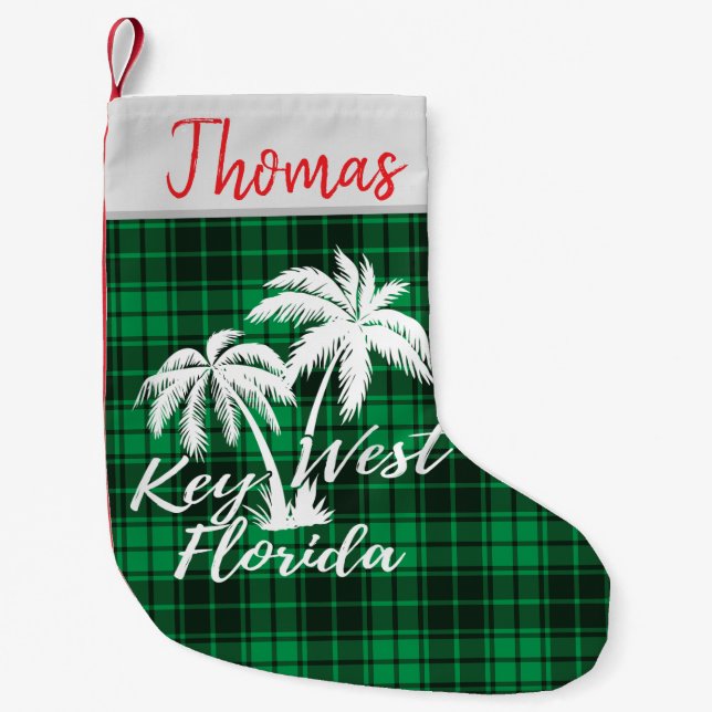 Calcetín Navideño Pequeño Key West Florida Palm Trees Beach Green Plaid (Anverso)