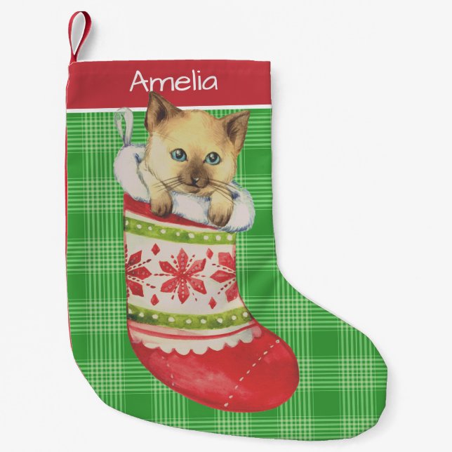 Calcetín Navideño Pequeño Kitten in Festive Stocking Art Personalised (Anverso)