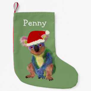 Calcetín Navideño Pequeño Koala colorido en Red Santa Hat con tu nombre