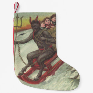 Calcetín Navideño Pequeño Krampus secuestrando niños tridente de trineo