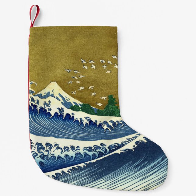 Calcetín Navideño Pequeño La gran ola (arte japonés azul y oro, Hokusai) (Anverso)