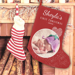 Calcetín Navideño Pequeño La primera foto del corazón rojo de Navidad del b