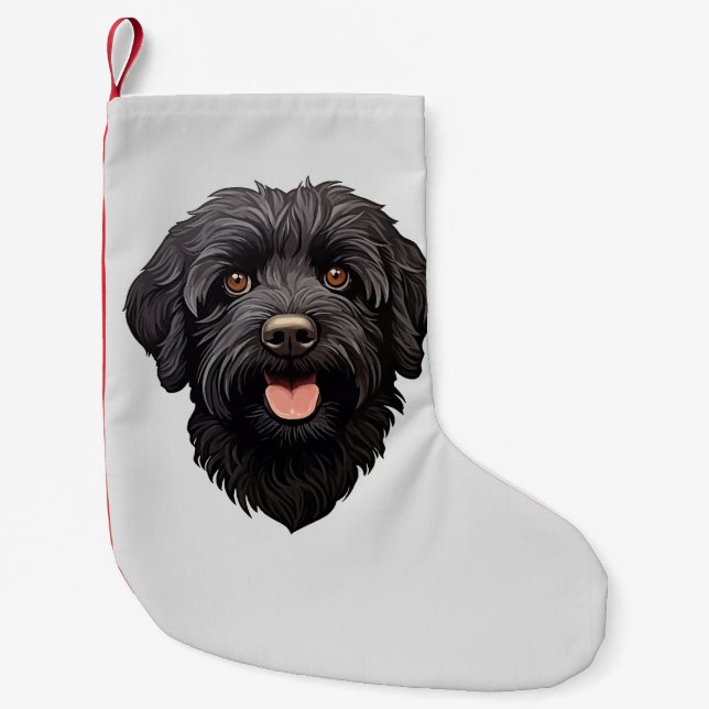 Calcetín Navideño Pequeño Labradoodle Perro Negro (Anverso)