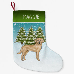 Calcetín Navideño Pequeño Labrador Retriever Amarillo Bosque de Nieve Nombre
