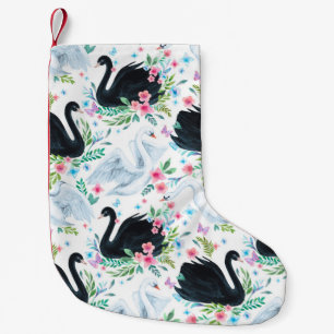 Calcetín Navideño Pequeño Lago de cisne blanco y negro acuarela transparente