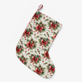 Calcetín Navideño Pequeño Lazos Rojos y Hojas de Acebo