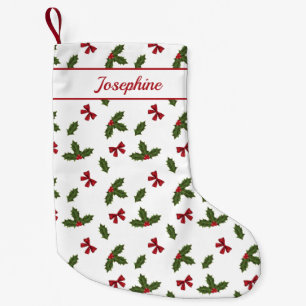 Calcetín Navideño Pequeño Lazos Rojos y Plantas de Acebo de Navidad Patrón y
