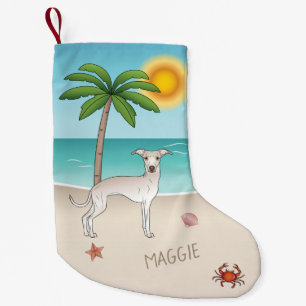 Calcetín Navideño Pequeño Lebrel italiano crema en playa tropical de verano