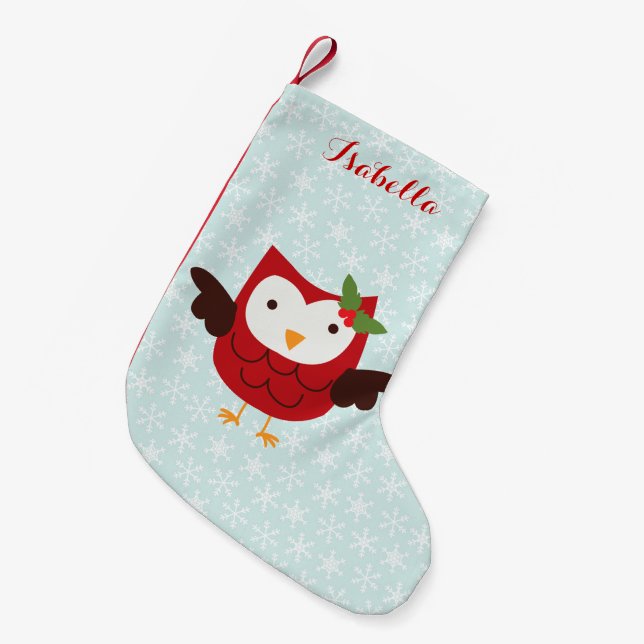 Calcetín Navideño Pequeño Lechuza de vacaciones roja personalizada (Frente (Colgado))