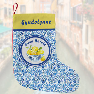 Calcetín Navideño Pequeño Lemon Mediterranean Buon Natale Azulejo Blue Toile