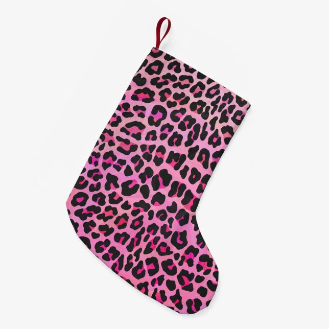 Calcetín Navideño Pequeño Leopardo de impresión negro y rosa caliente (Frente (Colgado))
