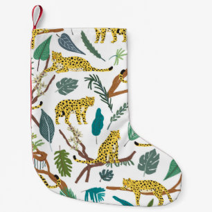Calcetín Navideño Pequeño Leopardos en la jungla, patrón dibujado a mano.