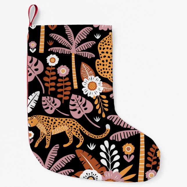 Calcetín Navideño Pequeño Leopards Palms Vintage Seamless Pattern (Anverso)