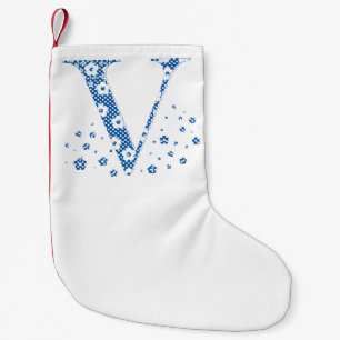 Calcetín Navideño Pequeño Letra de patrón de flor V(azul)
