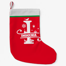 Calcetín Navideño Pequeño Letra I Navidades Monograma Nombre inicial Rojo Bl