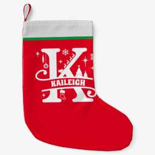 Calcetín Navideño Pequeño Letra K Navidades Monograma Nombre inicial Rojo Bl