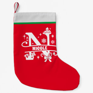 Calcetín Navideño Pequeño Letra N Navidades Monograma Nombre inicial Rojo Bl