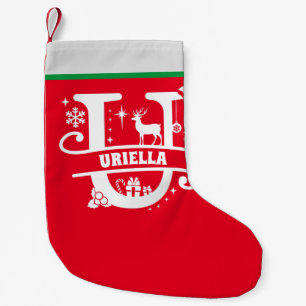 Calcetín Navideño Pequeño Letra U Navidades Monograma Nombre inicial Rojo Bl