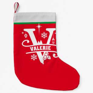 Calcetín Navideño Pequeño Letra V Navidades Monograma Nombre inicial Rojo Bl